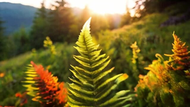 Fern in sun. Summer meadow with wild fern., sunset. Summer green flora background