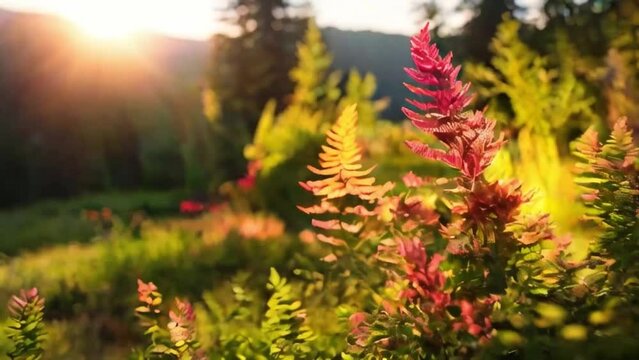 Fern in sun. Summer meadow with wild fern., sunset. Summer green flora background