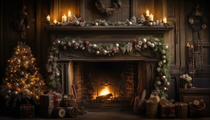 Fototapeta na wymiar Fireplace With Christmas Tree
