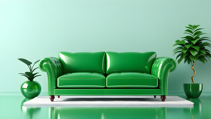 glassy is a green sofa and decor isolated. modern living room with sofa