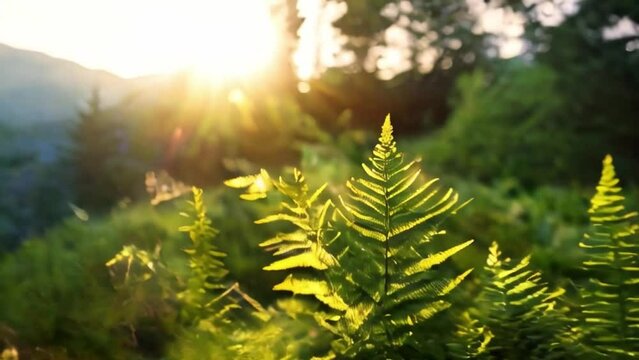 Fern in sun. Summer meadow with wild fern., sunset. Summer green flora background