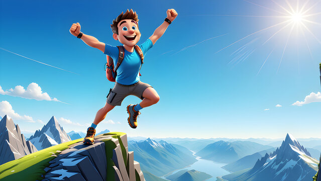The cartoon character happy man with arms up jumping on the top of the mountain succeeds. happy person on the top of the mountain