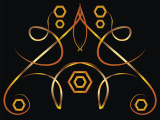 Graphic symmetrical fantasy ornament with swirls and polygons. Gold gradient on a black background for printing on fabric postcards.
