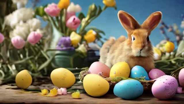 Easter bunny and colorful pastel eggs 