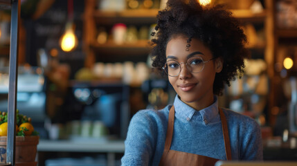 young woman with glasses and curly hair is wearing a denim shirt and a brown apron, standing in a cozy cafe with a warm and inviting atmosphere
