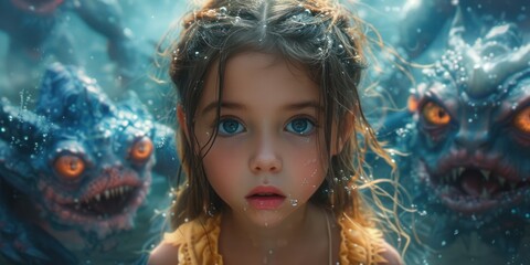 Horror in the eyes of a child, a little girl is surrounded by monsters with burning eyes from another dimension