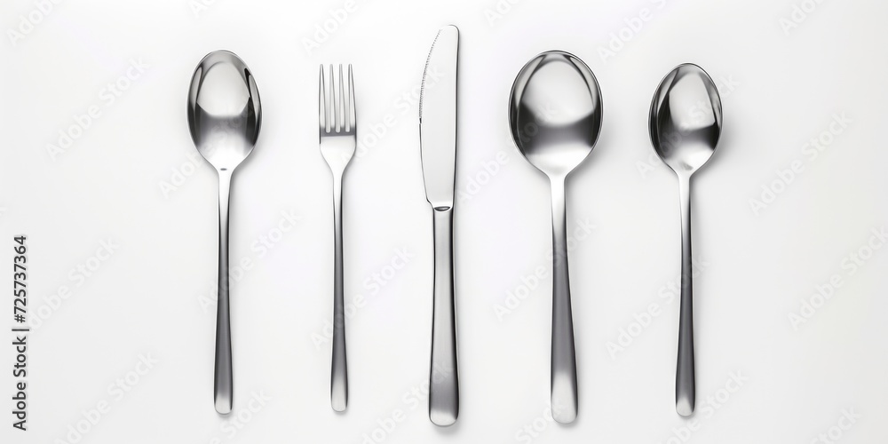 Poster a set of silverware including a fork, spoon, and knife. suitable for various dining and culinary con