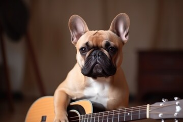 Musical dog French bulldog with a guitar. Funny animals