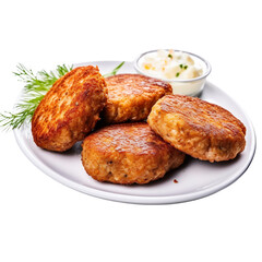 juicy delicious meat cutlets on a dark table isolated on white.
