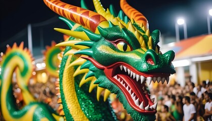 Obraz premium A realistic photo of a float representing a dragon from the samba school at the Carnival in Rio de Janeiro.