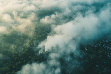 Aerial view, smog, white fog, CO2, concept showing the problem of carbon dioxide and CO2 emissions, environmental problems. - obrazy, fototapety, plakaty