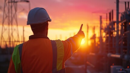 Worker pointing towards the setting sun