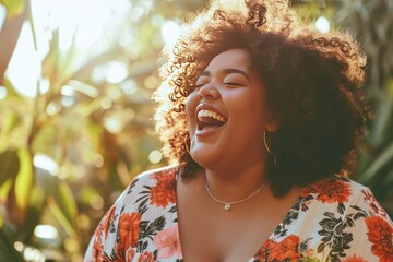 Excited plus size woman laughing and having fun feeling positive emotions - obrazy, fototapety, plakaty