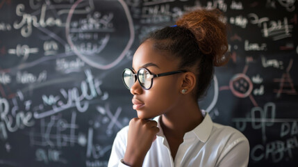 thoughtful young student standing in front of a blackboard filled with complex scientific formulas