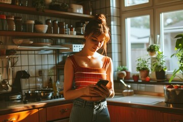 Beautiful young woman sends a message on her cell phone while standing in the kitchen.