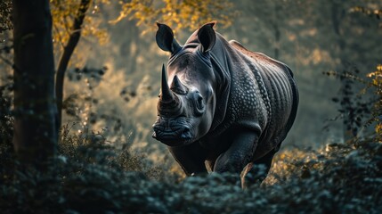 Fototapeta premium Rhino in the forest looking at the camera