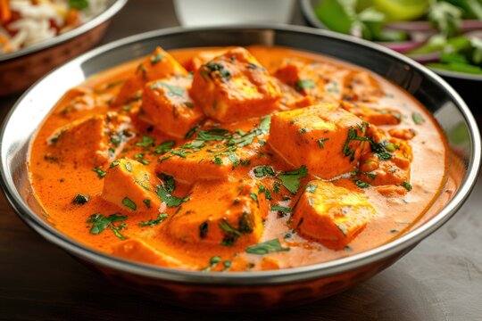 Paneer Butter Masala or Cheese Cottage Curry in serving a bowl