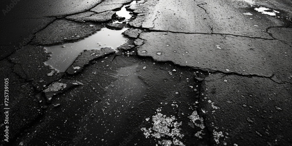 Aufkleber a black and white photo capturing the cracks on a street surface. this image can be used to depict u