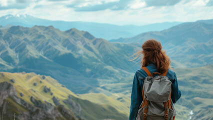 Naklejka premium The girl walks in the mountains and admires the beautiful views.