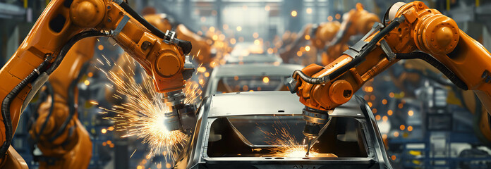 A mechanical arm welds a car frame in a factory.
