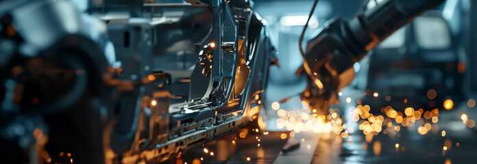 A mechanical arm welds a car frame in a factory. - obrazy, fototapety, plakaty