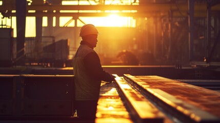Overall, industrial workers are working in a sheet metal parts factory. - obrazy, fototapety, plakaty
