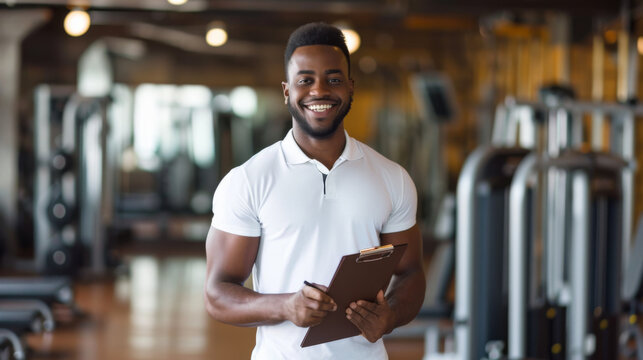 young man in a well-lit gym holding a clipboard and pen, smiling at the camera