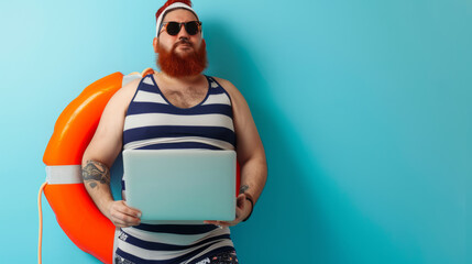 joyful man with red-dyed hair and a full beard, wearing round sunglasses, a striped tank top, holding a laptop in one hand, and an orange lifebuoy in the other