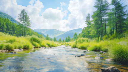 Watercolor paintings of nature, forests, mountains, waterways.