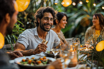 Man Enjoying Outdoor Dinner Party. Generative AI