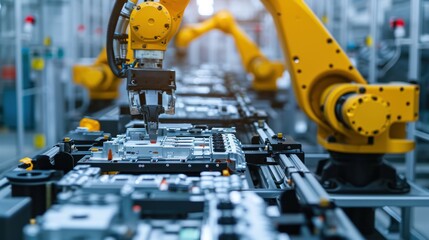 An industrial robot arm is assembling skateboard-style EV battery packs on an automated production line.