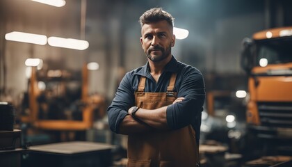 Portrait of truck repair shop owner with arms crossed looking at camera - obrazy, fototapety, plakaty