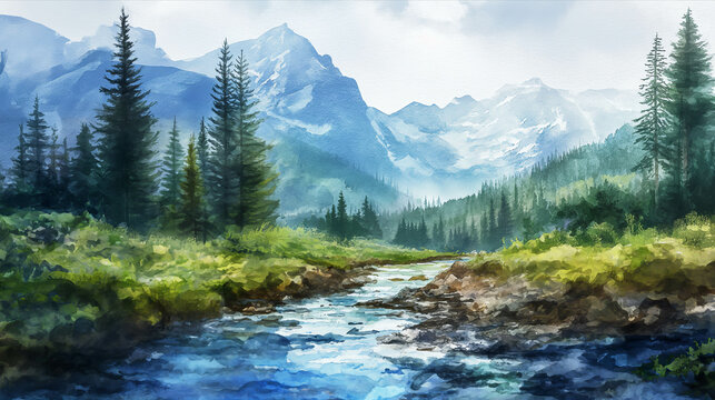 Watercolor paintings of nature, forests, mountains, waterways.