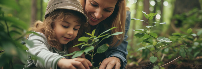 Caucasian mother and daughter planting trees in the forest.