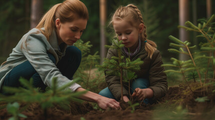 Naklejka na ściany i meble Caucasian mother and daughter planting trees in the forest.