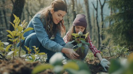 Caucasian mother and daughter planting trees in the forest. - obrazy, fototapety, plakaty