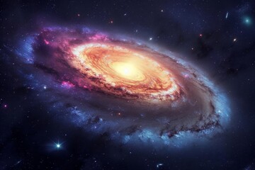 A breathtaking panorama of a spiral galaxy with vibrant colors and shining stars in the background