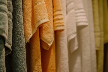 Group of towels neatly hung in a luxury hotel bathroom