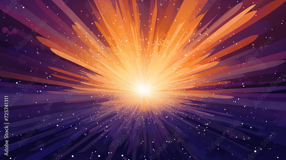 Poster abstract backgound with purple and orange light rays. god rays or light burst with bokeh