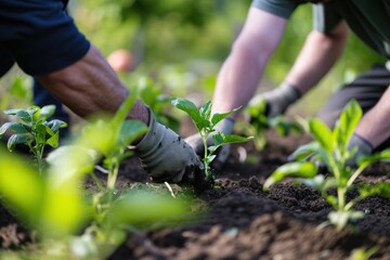 hands of men working in a community garden planting trees