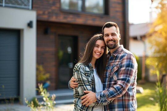 Start a family Happy young couple standing in front of new house Husband and wife buy a new house