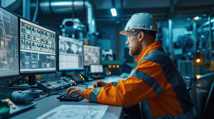 Engineer sitting in a control room of a factory