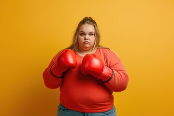 Fat girl wearing red boxing gloves on yellow background. Fat women exercise, take care of their health, lose weight.