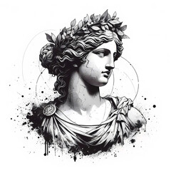 Roman Statue of Athena, Centered Feminine Bust - Black and White Illustration