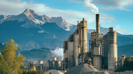 Big cement factory with rocky mountains background - obrazy, fototapety, plakaty
