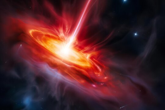 A panoramic view of a luminous quasar emitting radiant energy Set against the backdrop of a dark cosmic canvas