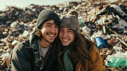Couple smiling at camera against trash pile background