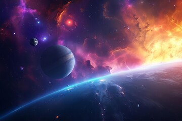 A serene cosmic landscape with planets Moons And a glowing nebula