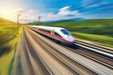 Fototapeta premium A high-speed bullet train zooming through a scenic countryside, blurring the background, illustrating speed, efficiency, and modern transportation