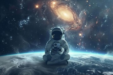 A serene depiction of an astronaut meditating in space With the earth and a cosmic nebula in the background